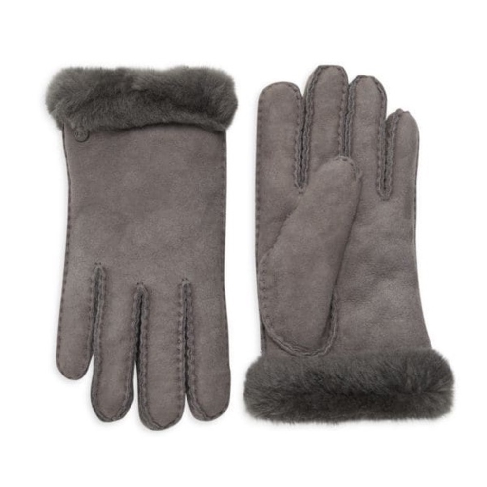 UGG Shearling-Trim Gray Leather Gloves - Picture 10 of 10